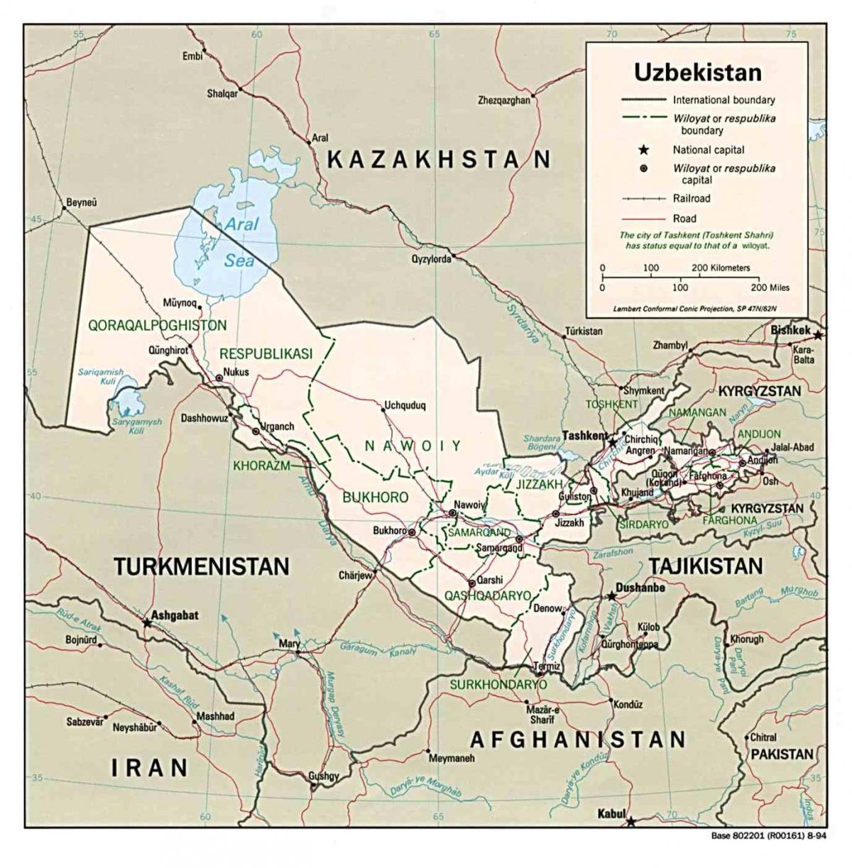 mapa Uzbekistan okolitých krajín