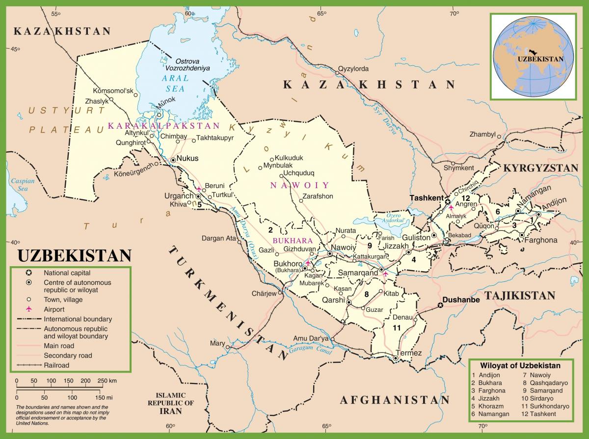 mapa Uzbekistan politické 